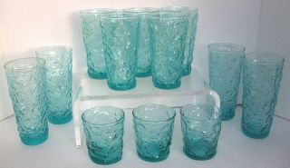 12 Vtg Anchor Hocking Lido Milano Aqua Tumblers Water Glasses 6 1/2 " 5 1/2 " 3 "