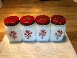 Mckee Red Tulip Milk Glass Shakers Salt Pepper Sugar Flour Rare Pattern