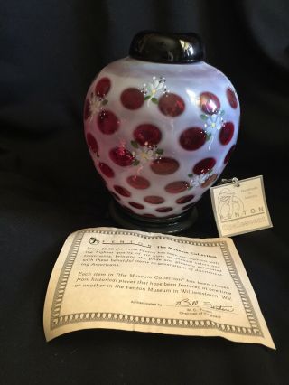 Fenton Cranberry Opalecent Ginger Jar Hand Painted Signed By Bill Fenton