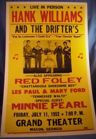 Hank Williams Sr 50s 1952 Macon Ga.  Concert Poster 7/11 The Drifters Les Paul