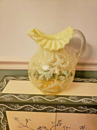 Vintage Fenton Art Glass Yellow Topaz Opalescent Daisy & Fern Water Pitcher