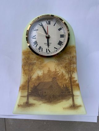 Vintage Fenton Burmese Hand Painted Clock Cabin Scene Signed D Fredrick