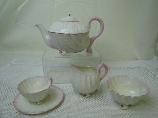 Belleek Neptune Teapot,  Sugar Bowl,  Creamer - 2 - Tea Cups & Saucers Ireland