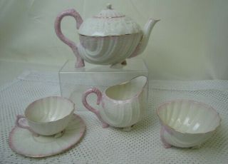 BELLEEK NEPTUNE Teapot,  Sugar Bowl,  Creamer - 2 - Tea cups & Saucers IRELAND 6