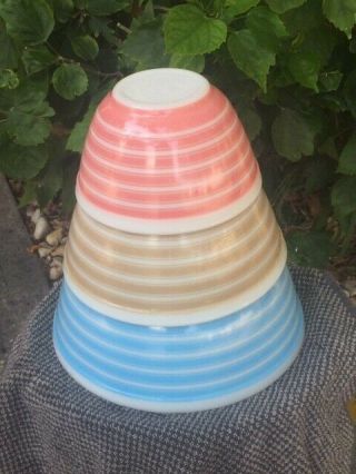 Vintage Pyrex Rainbow Stripe Nesting Mixing Bowl Set Blue Tan Pink 3 Bowls Great