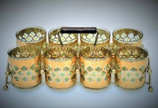 Vintage Culver Valencia 8 Glass Tumblers Gold Green With Metal Holder