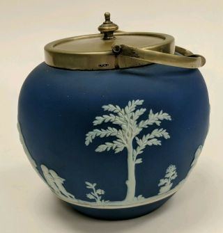Vintage Wedgwood Pottery Blue Jasperware Cookie Biscuit Cracker Jar With Lid