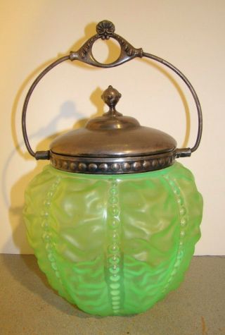 Consolidated Glass Beaded Drape Green Satin Biscuit Barrel Jar