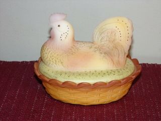 Fenton Hen On A Nest Hand Painted Signed Art Glass Chicken / Rooster S Wajda
