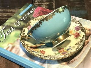 Paragon Double Warrant Teacup And Saucer Gold Lace And Teal Blue Cabbage Roses