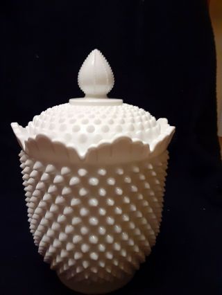 Large Fenton White Milk Glass Hobnail Covered Cookie Jar