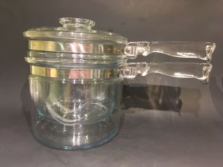 Vintage Pyrex Flameware 3 Piece Clear Glass1 - 1/2 Quart Double Boiler 6283