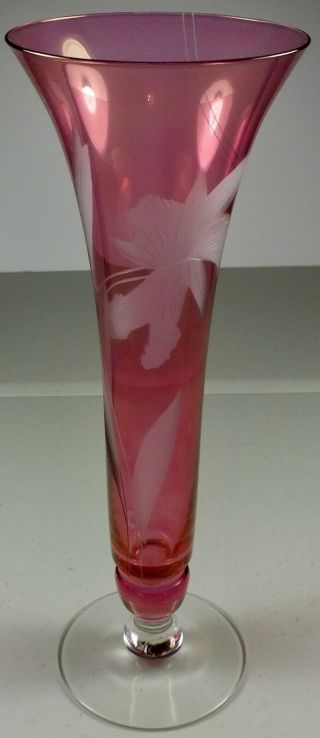 Gorgeous Vintage 12 " Cranberry Glass Pedestal Vase Etched Flower & Crystal Base