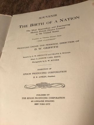 D W GRIFFITH - THE BIRTH OF A NATION - Souvenir Program - 1915 2