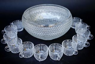 Vintage Hobnail And Dot Clear Glass 1 Punch Bowl And 12 Punch Cups