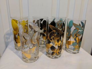 Rare Vintage Set Of 6 Signed Fred Press Butterfly Glasses Mid Century W/gold