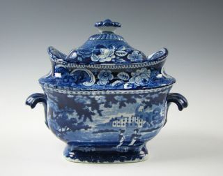 Antique Dark Blue Staffordshire Transferware Sugar Bowl Circa 1825