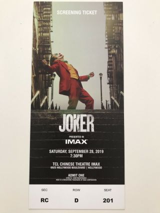 Rare Joker Movie Premiere Ticket 2019 Batman Joaquin Phoenix Batman Film
