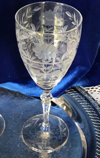 Antique - Set Of 8 Etched Cut Crystal Wine - Glasses