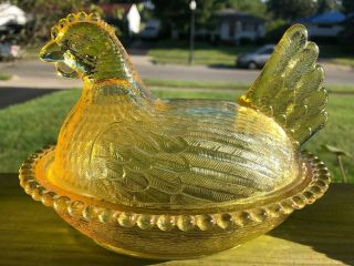 Rare Indiana Glass Hen On Nest Yellow/topaz Scarce