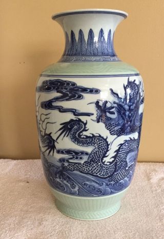 Underglaze Blue,  White And Green Chinese Melon Shaped Dragon Vase