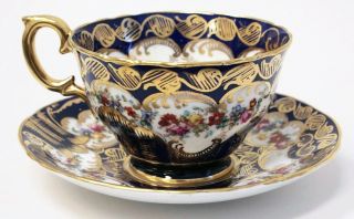 Vtg Tea Cup & Saucer Crown Staffordshire 807 Porcelain Ceramic China Cobalt Gold