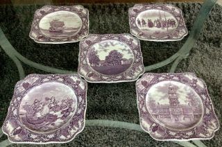 5 Vintage Crown Ducal Colonial Times Mulberry 8.  25 " Square Luncheon Plates Xlnt