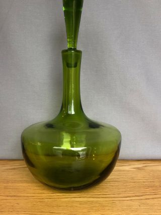 Vintage Blenko (?) Green Art Glass Decanter 14 1/2” Tall Stopper - Classy Design