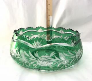 Antique Vintage Bohemian Green Cut To Clear Crystal Bowl,  Large Centerpiece Bowl