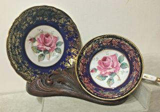 Paragon Pink Cabbage Rose Cobalt Blue Heavy Gold Gilt Tea Cup And Suacer