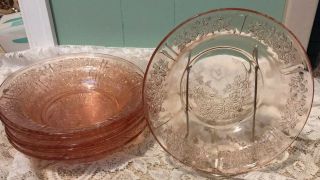 Pink Sharon Flat Soup Bowl Roses Textured Federal Glass 7.  5” Set Of 6