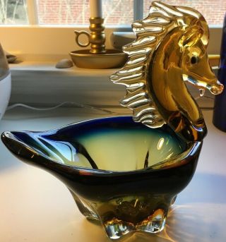 Rare Glass Bowl W/ Horse Head Yellow & Blue