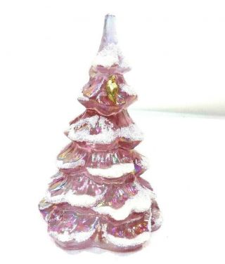 Vintage FENTON Christmas Tree Pink/Purple iridescent Flocked With Gold Bird 6 