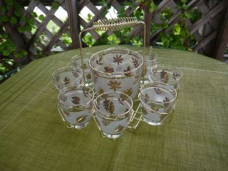 Libby Starlyte Gold Leaf Ice Bucket & 8 Glasses & Rack Vintage