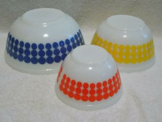 3 Pc Set Vintage Pyrex Polka Dot Mixing Bowls Blue Yellow Orange 401 402 403