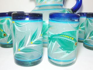 Hand Blown Art Glass Pitcher Glasses 7Pc Set Painted Fish Sea Life Cobalt Rim 2