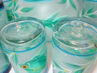 Hand Blown Art Glass Pitcher Glasses 7Pc Set Painted Fish Sea Life Cobalt Rim 3
