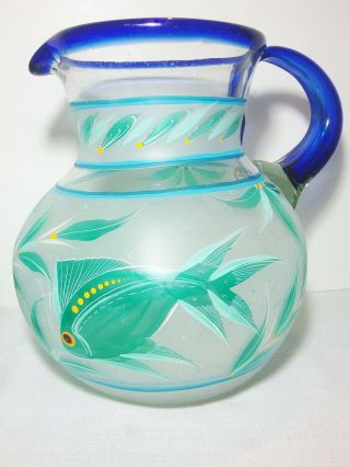Hand Blown Art Glass Pitcher Glasses 7Pc Set Painted Fish Sea Life Cobalt Rim 4
