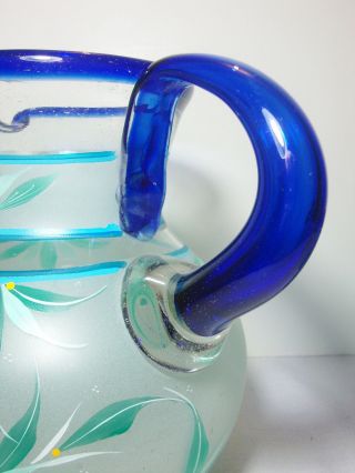 Hand Blown Art Glass Pitcher Glasses 7Pc Set Painted Fish Sea Life Cobalt Rim 5