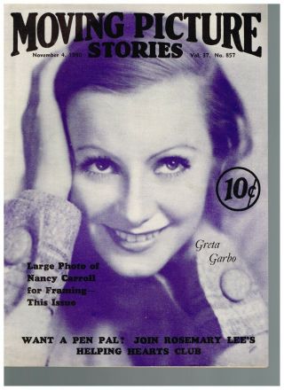 Rare Moving Picture Stories November 4,  1930 With Greta Garbo Cover