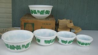Vintage 5 Piece Milk Glass Mixing Bowl Set Hazel - Atlas Green Ivy