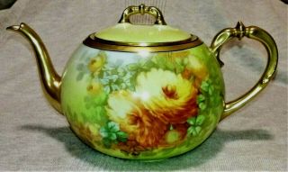 Lovely Coronet Limoges Round Teapot Yellow Orange Roses Signed