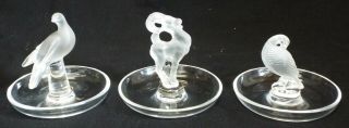 3 Vintage Lalique French Art Glass Ring Trinket Dishes Frosted Birds & Gazelle