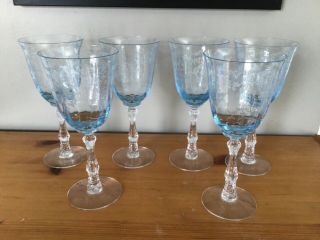 Fostoria Navarre Blue Etched Crystal Water Or Wine Goblets.  Set Of Six.