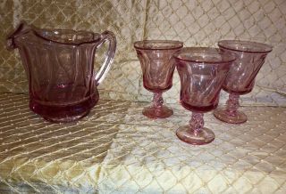 Vintage Fostoria Jamestown Pink 40 Oz Pitcher & 3 Tea Water Glasses Swirl
