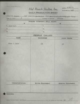 1931 Laurel And Hardy Orig Hal Roach Studios Daily Production Sheet Dir Horne