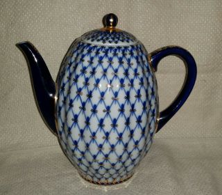 Lomonosov Cobalt Net Blue White Gold Russian Russia Coffee Or Tea Pot 22k Gold