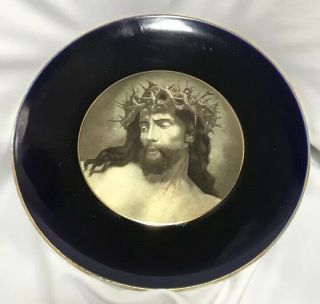Large Cobalt Vintage Sarreguemines Religious Plate 15 " Across Ecce Homo Jesus