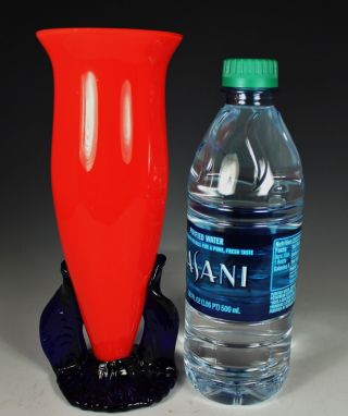 Kralik Tango Glass Vase Signed Czech 1920s - 30s Red,  Cobalt Leaves Base