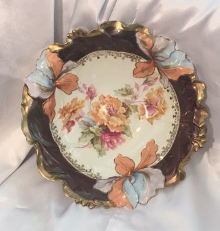 Rare Antique Rs Prussia Bowl Tiffany Gold Black Iris Mold Fall Colors Roses